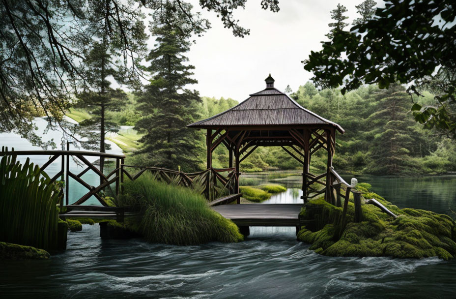 Tranquil wooden gazebo by lake with bridge, lush greenery, under cloudy sky