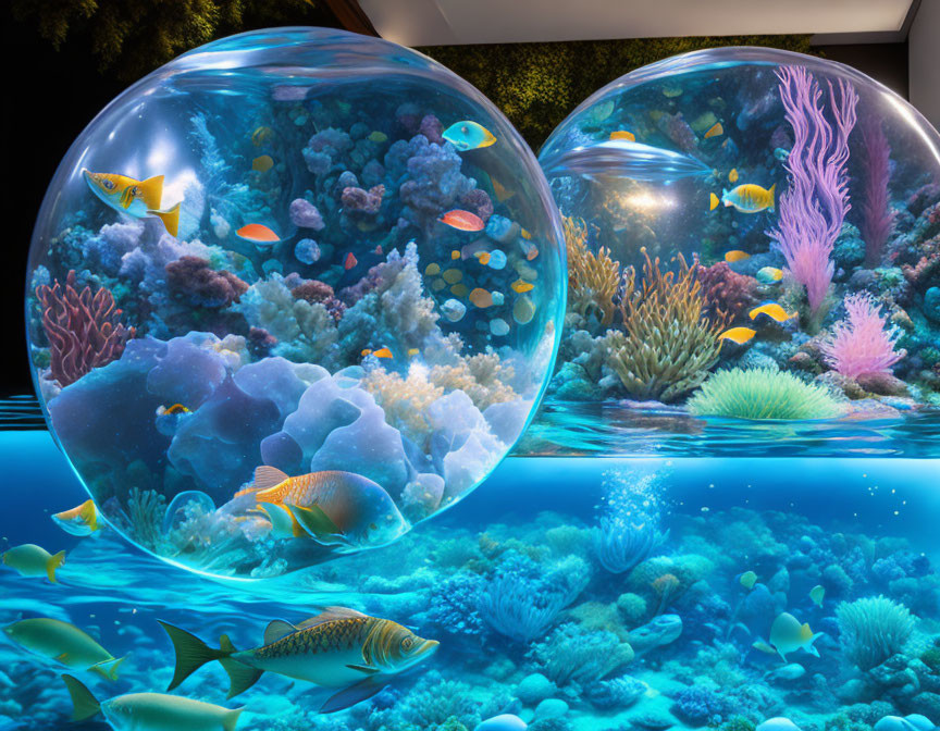 Colorful Tropical Fish and Coral Reefs in Spherical Aquariums