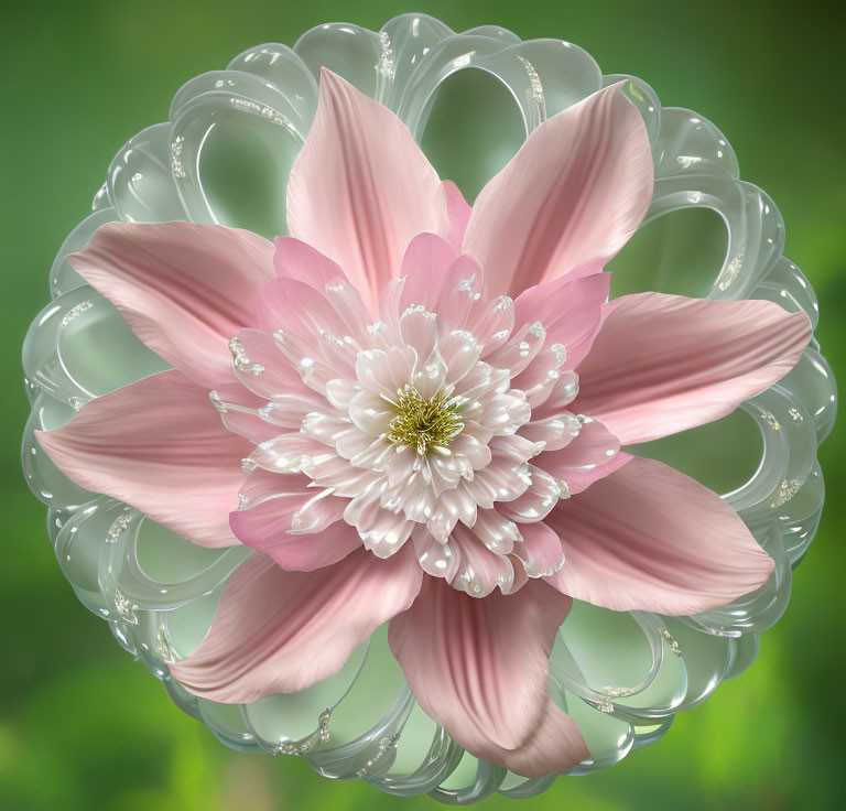 Pink flower with intricate petals in translucent geometric bubbles on green background