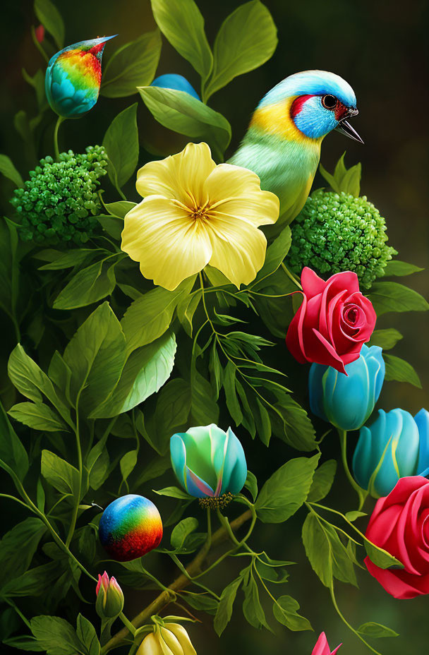 Colorful Bird Perched Among Flowers and Leaves