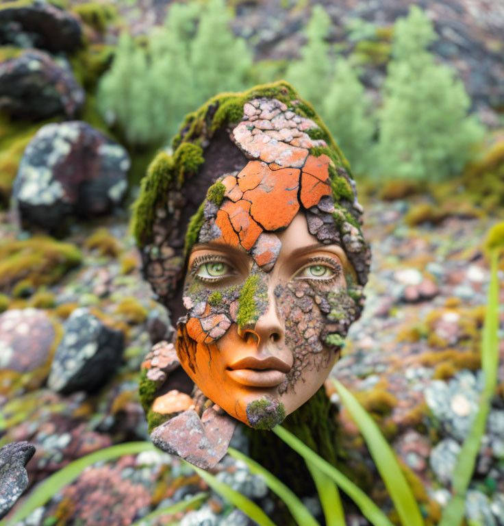 Woman's face blended with rocky textures and moss in surreal image
