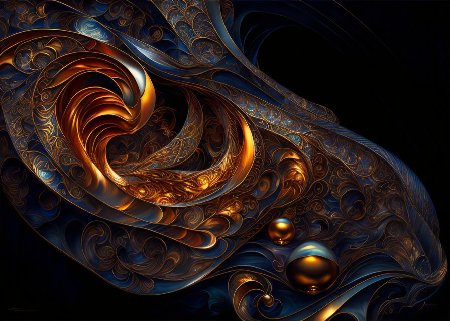 Ornate golden patterns in swirling vortex on dark background