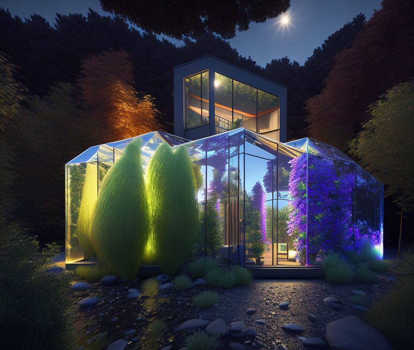Glass house illuminated at twilight with colorful trees