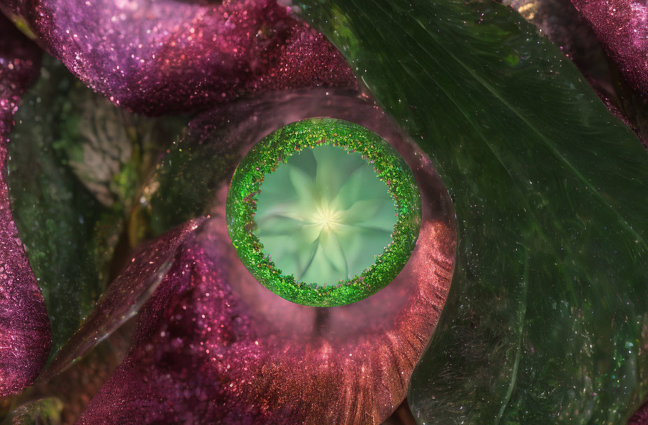 Detailed close-up of fantastical iridescent eye with green, flower-like pupil and purple-green textured