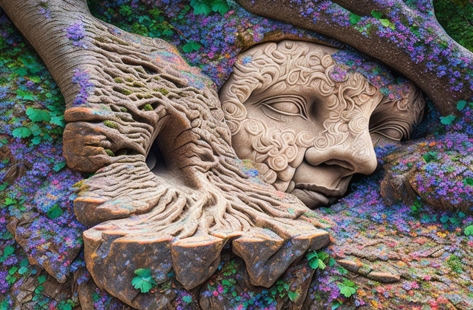 Detailed Sculpture Depicting Peaceful Face Among Tree Roots