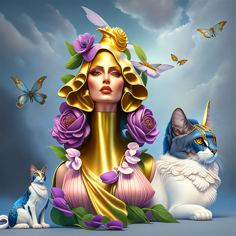 Stylized image of woman with golden skin, cats with unicorn horns, set against cloudy sky.