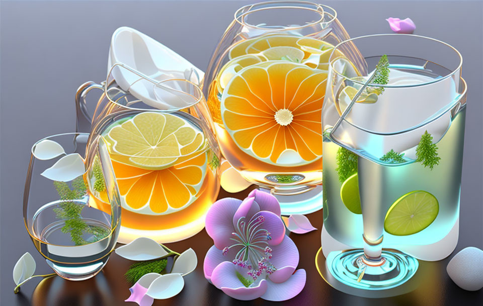 Vibrant citrus slices in water-filled glasses with flowers and leaves on reflective surface