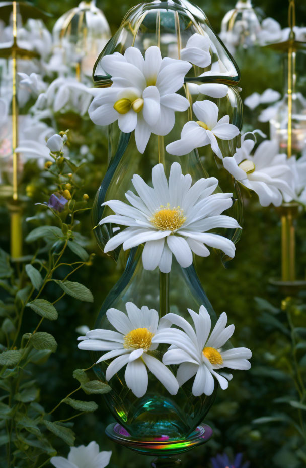 Daisies in transparent twisted glass vase with greenery.