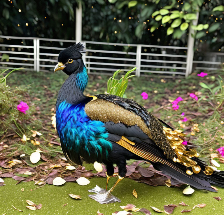 Blue and Gold Crested Bird on Green Ground with White Fence
