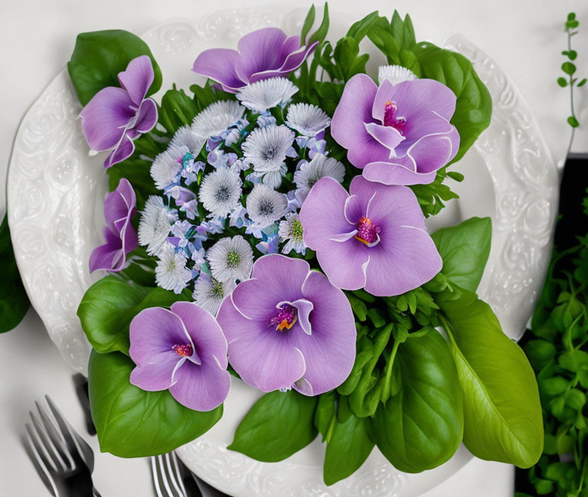 Decorative purple floral arrangement with silverware on white tablecloth