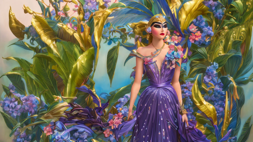 Elegant person in purple dress with headdress among lush tropical flora
