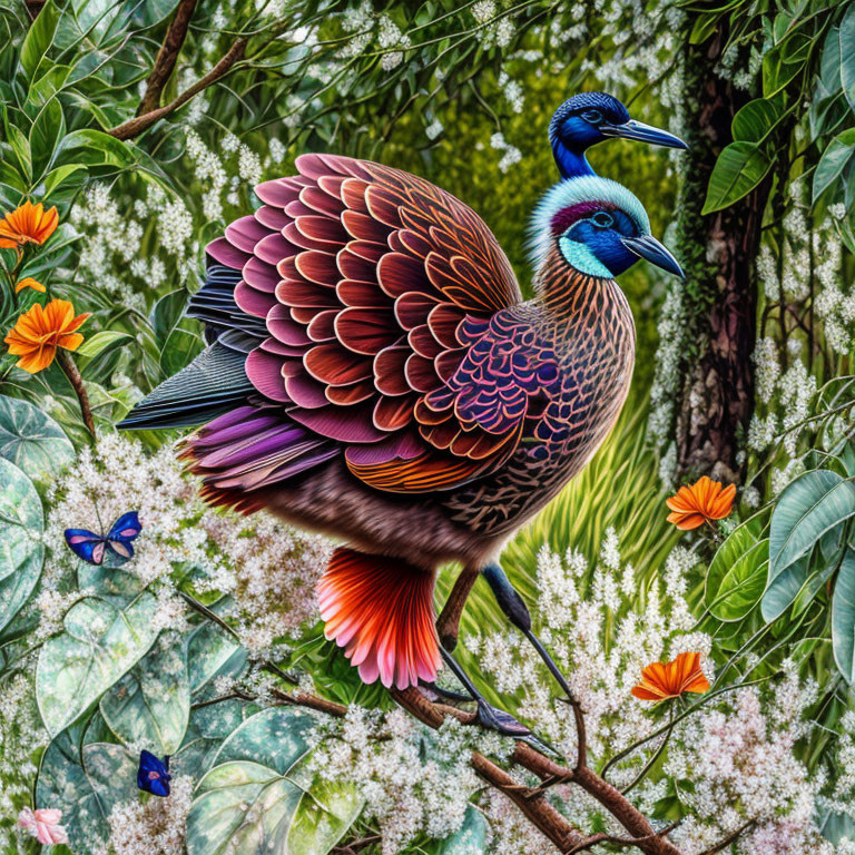 Colorful Stylized Bird Artwork with Intricate Plumage and Lush Nature Background