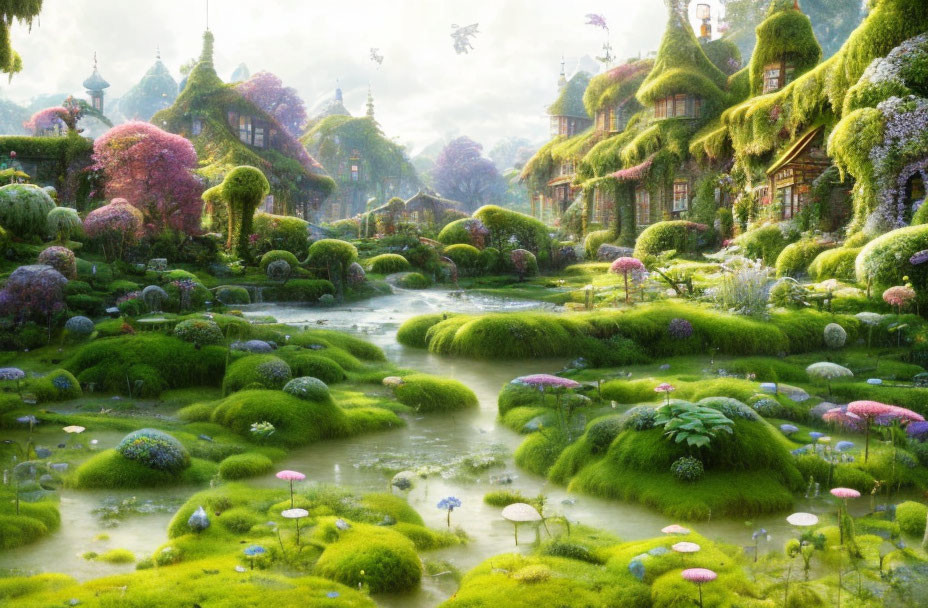 Moss-covered fairytale village with vibrant trees and meandering stream