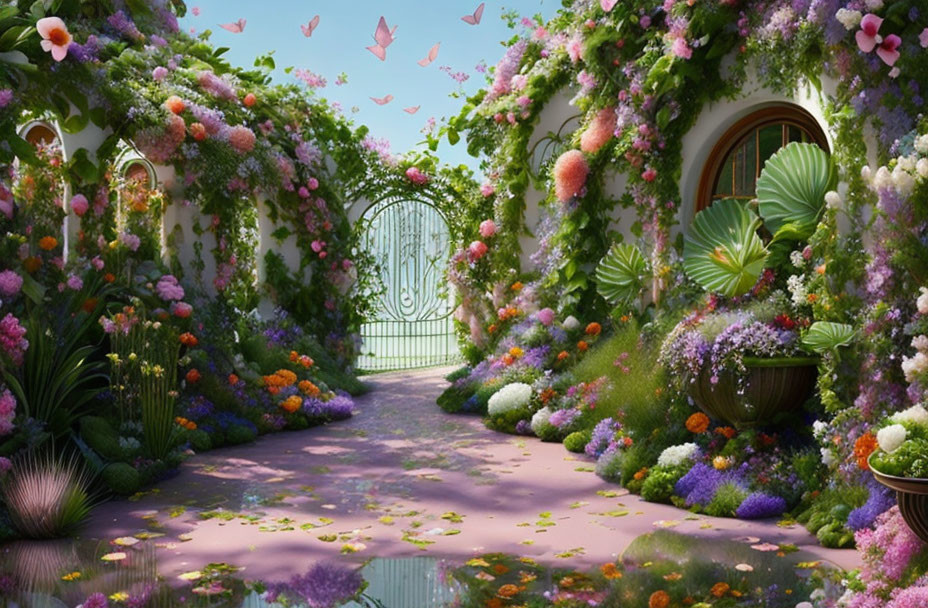 Lush garden pathway with flowering plants, leading to ornate gate and fluttering butterflies