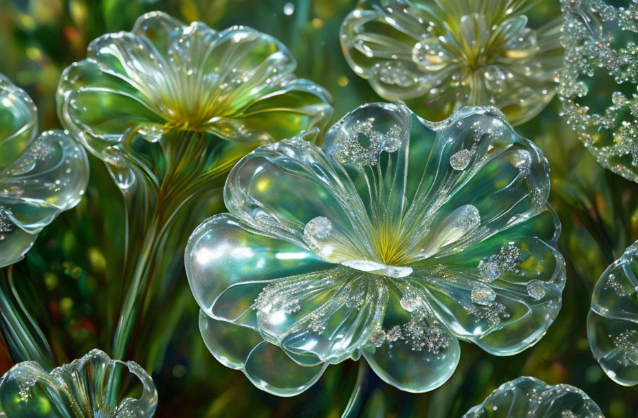 Dew-covered translucent flowers with bubble-like shimmer on green stems