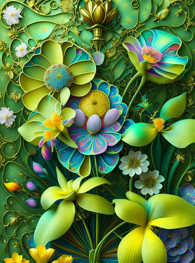Colorful digital artwork featuring stylized flowers and leaves in green and blue hues