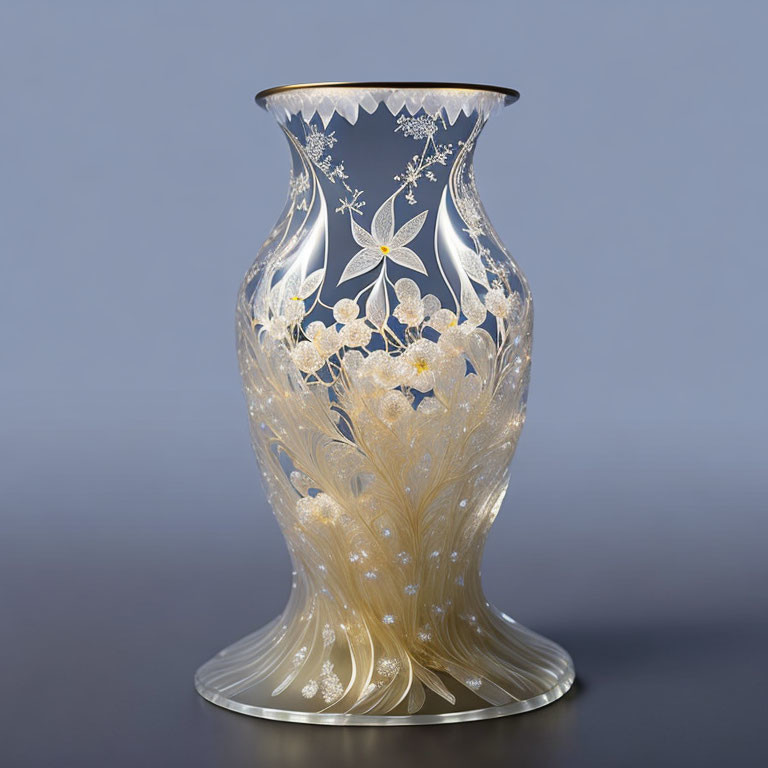 Fluted top ornate vase with gold and silver floral patterns on blue-gray background