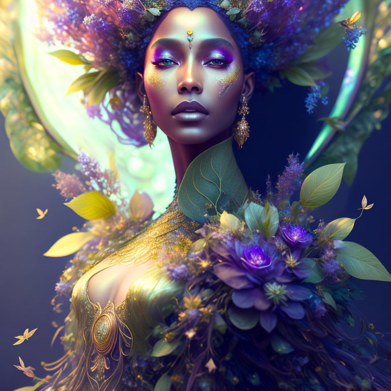 Colorful digital artwork of a woman in floral headdress with butterflies