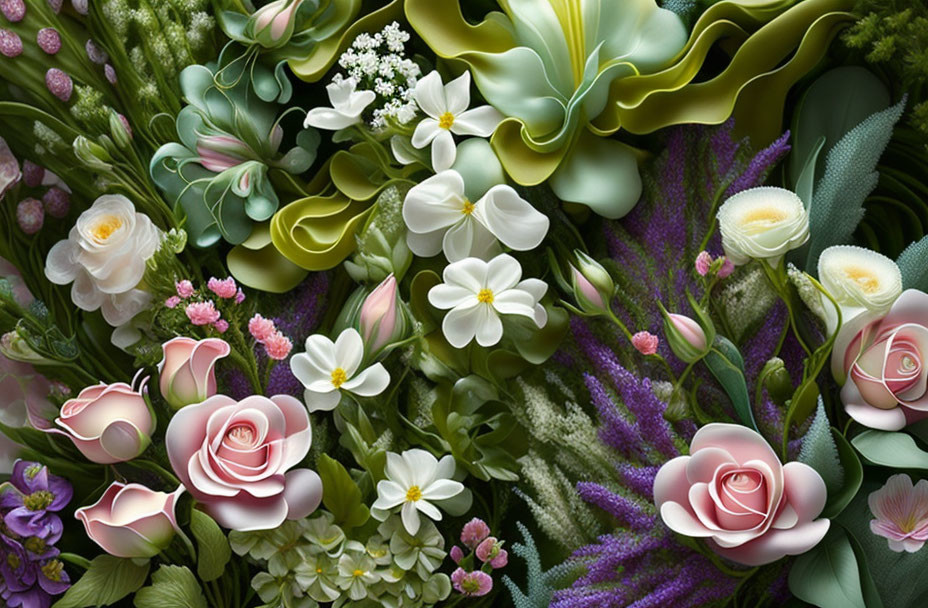 Detailed Floral Arrangement with Roses, Lilies, and Greenery