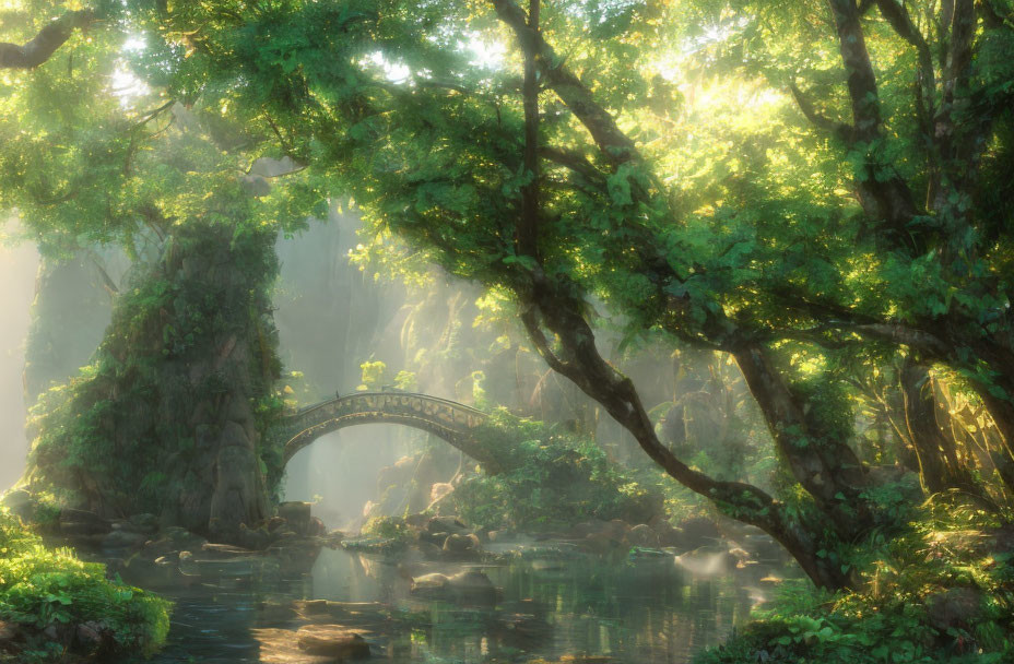 Tranquil forest scene with sunlight, stream, and stone bridge