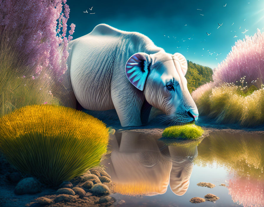 Surreal blue elephant near water with vibrant flora under dramatic sky