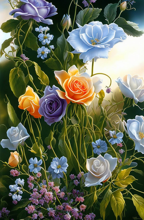 Colorful painting of purple, orange, white roses with blue and pink flowers on green foliage