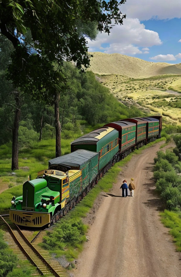 Vintage train with green locomotive in lush valley with walking people