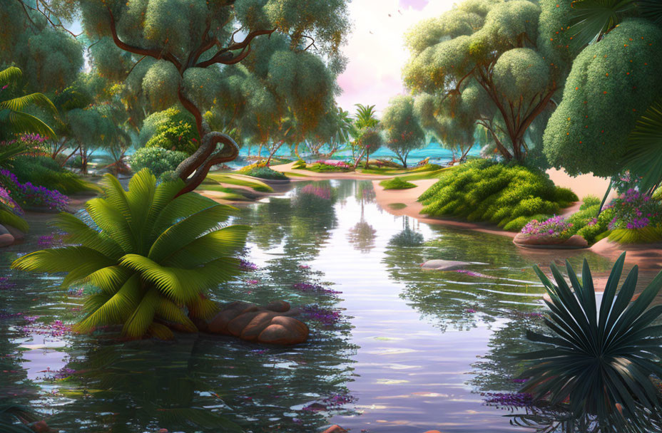 Tranquil river scene with lush greenery and colorful flowers