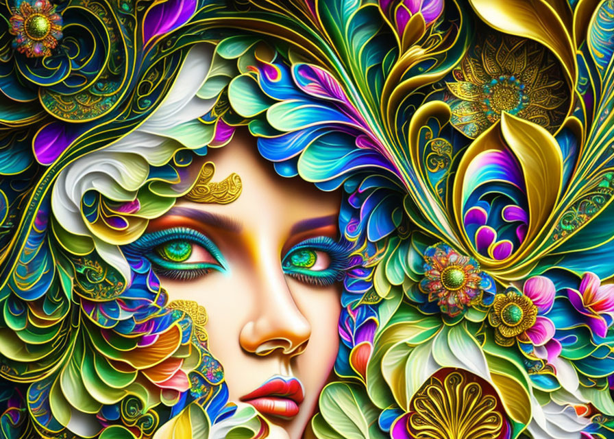 Colorful Floral Patterns Integrated with Woman's Face and Gold Details