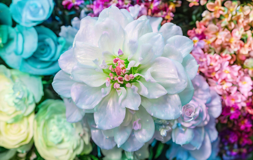 Multicolored Floral Background with Large White Flower