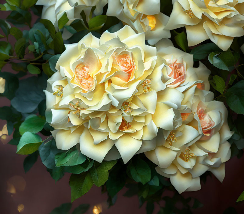 Creamy White Roses Bouquet with Peach Centers and Green Foliage