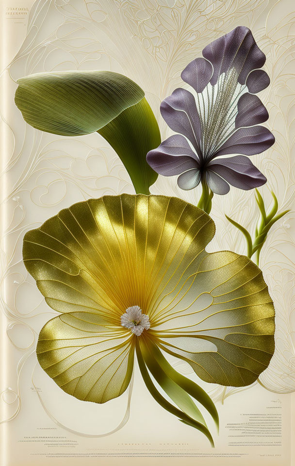 Detailed botanical illustration of two large flowers with intricate line patterns on beige background and accompanying text.