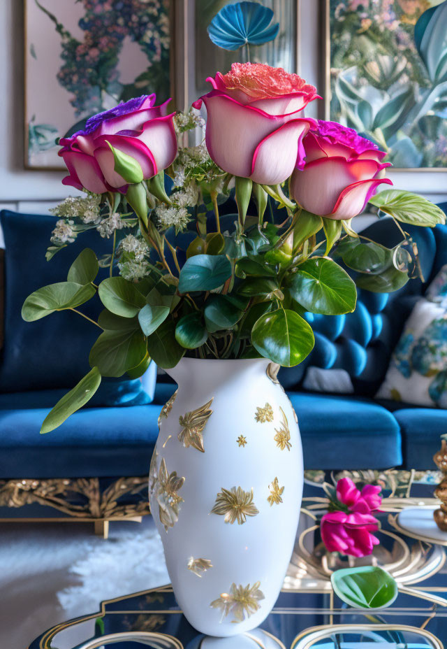 Pink and Purple Roses Bouquet in Gold-Accented Vase on Patterned Table