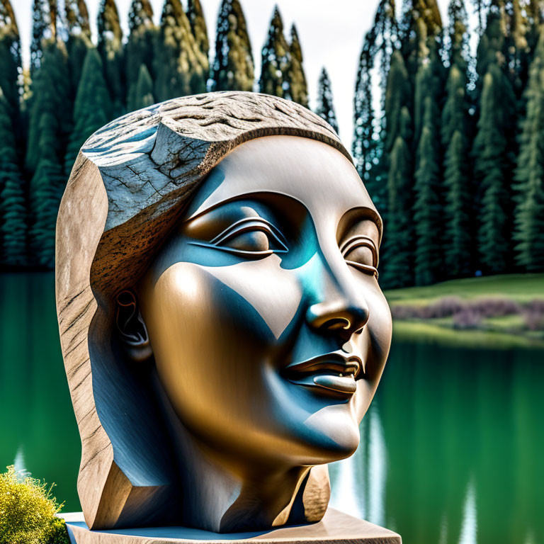 Stylized bronze sculpture of serene female face by green lake.