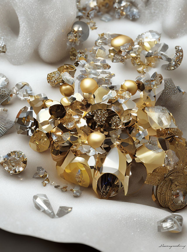 Golden spheres, crystals, and jewels on textured white surface
