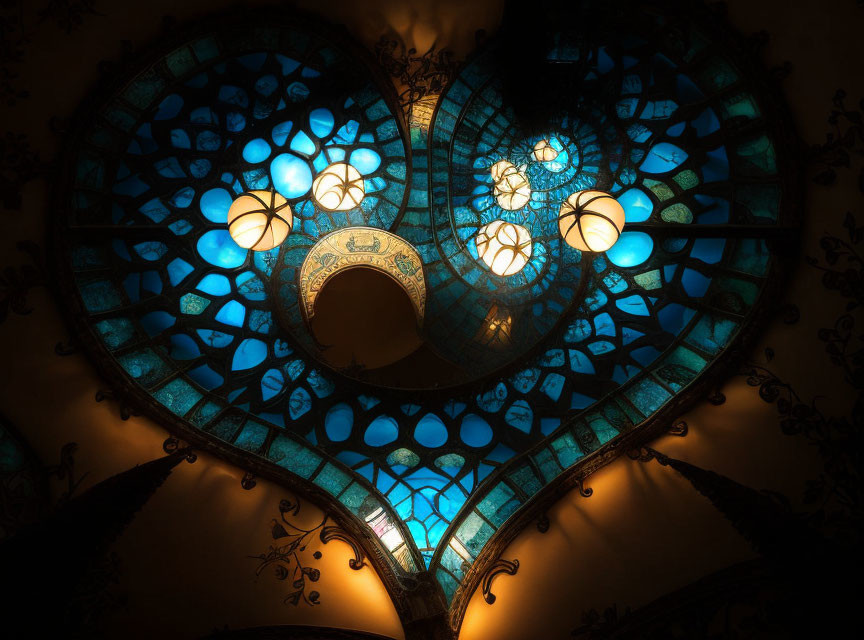 Intricate blue stained glass ceiling with metalwork under warm lights