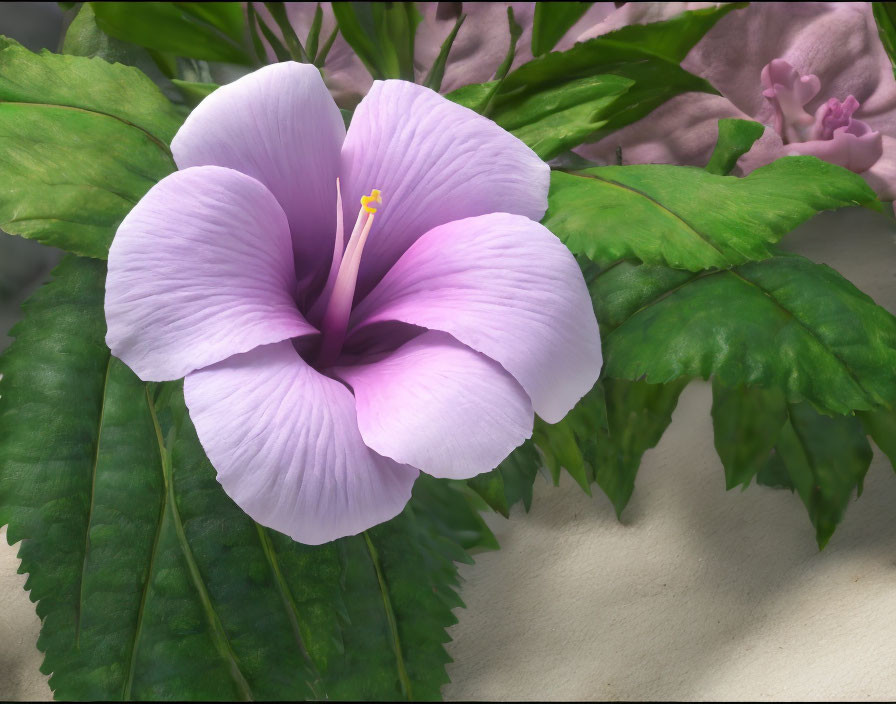 Vibrant purple flower with yellow stamen and green leaves in soft-focus pink floral setting