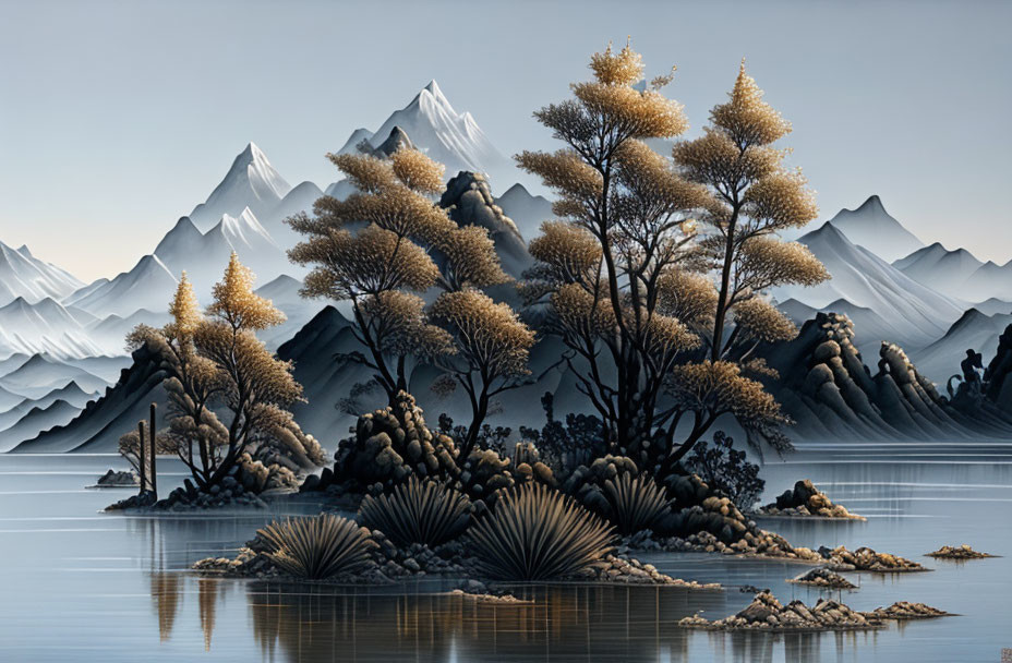 Tranquil landscape: serene lake, golden trees, snowy mountains