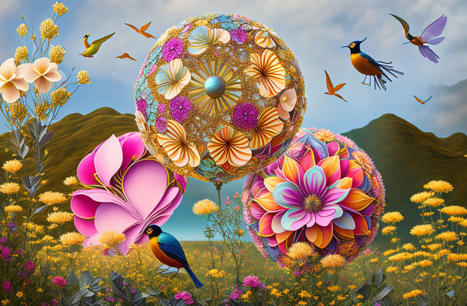 Colorful floral spheres above meadow with birds and flowers
