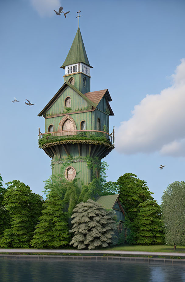 Green church-themed treehouse with clock, spire, and birds by serene lake