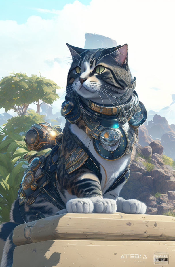 Anthropomorphic cat in sci-fi armor gazes at serene landscape