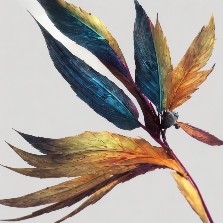 Vibrant multi-colored bird feathers in fan shape on light background