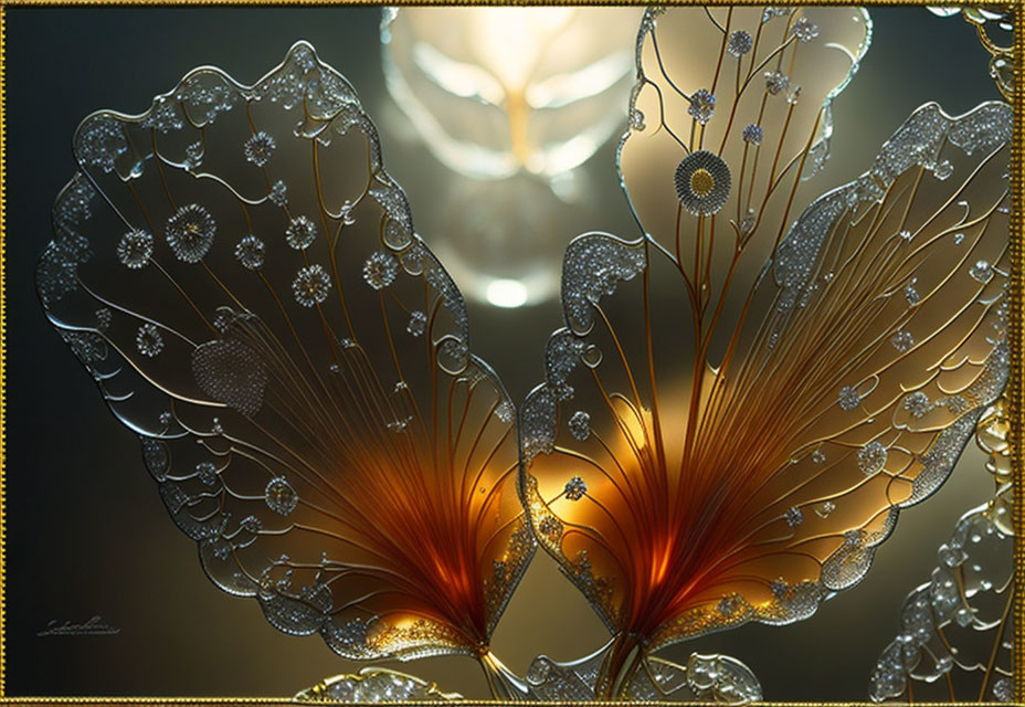 Detailed digital artwork: Ornate butterfly with jewel-like wings on dark background