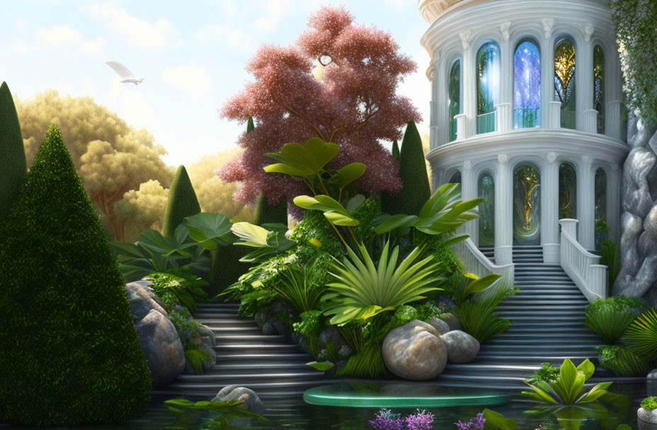 Tranquil digital art: Idyllic garden with pond and classical building