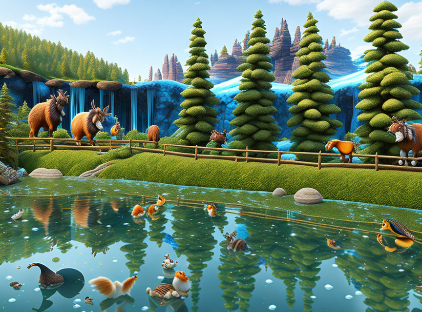 Colorful Countryside Scene with Llamas, Ducks, Fish, and Whimsical Trees