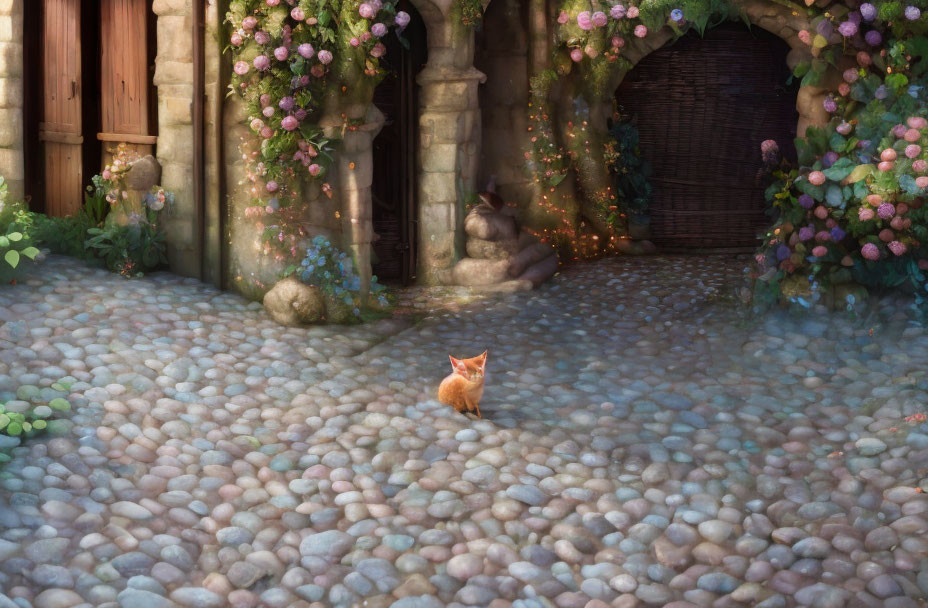 Ginger cat on cobblestone path under pink flowers and sunlight
