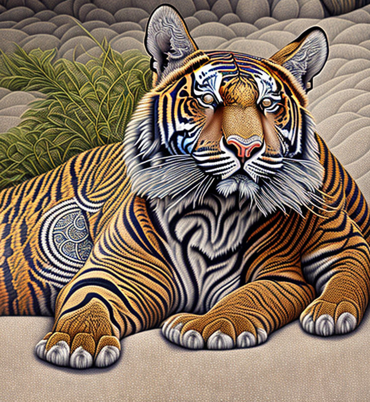 Patterned Tiger Resting on Stylized Hills