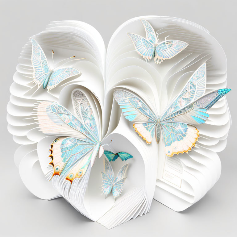 Paper art sculpture: Book pages folded into bouquet with blue and white butterflies