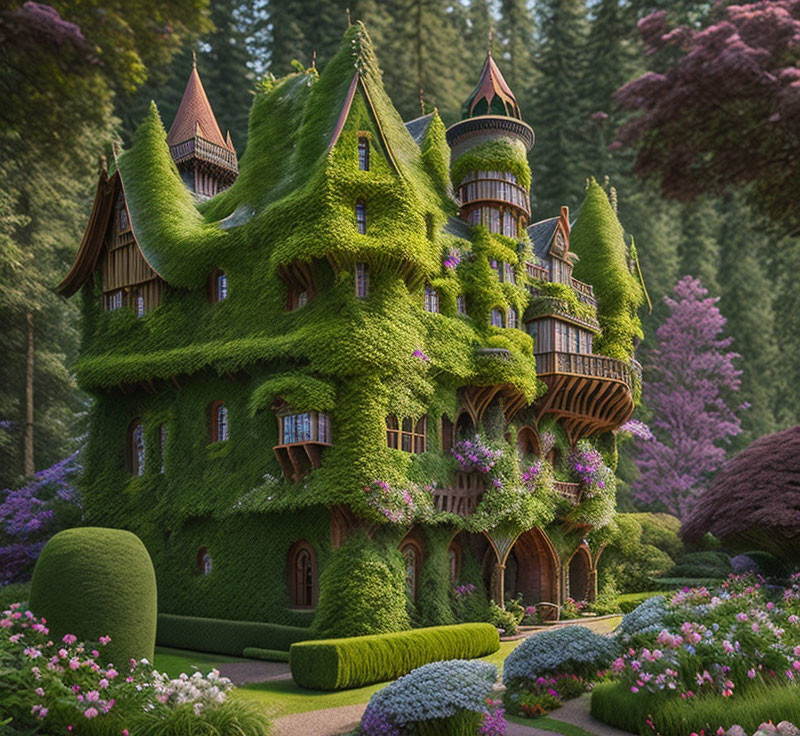 Whimsical treehouse with green foliage walls and turrets in lush forest setting