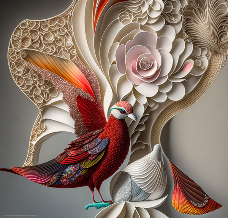 Colorful stylized bird surrounded by intricate floral designs in warm tones